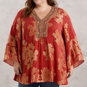 Soft Surroundings Bellflower Lined Beaded Blouse, Red and Gold, Size 2X